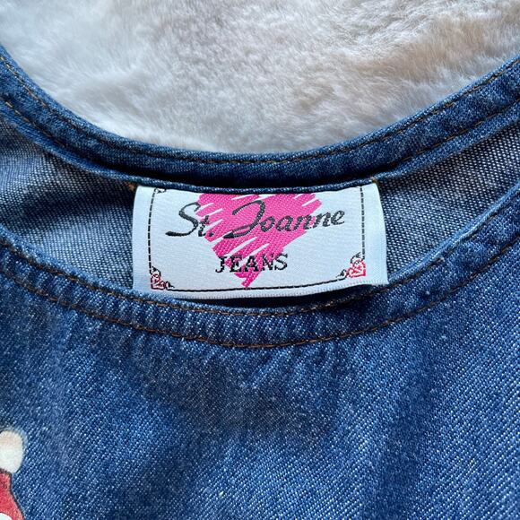 š„Vintage St. Joanne Jeans USA Made Denim Jumper Dress Santa Birds Pockets Sz L - Picture 6 of 9
